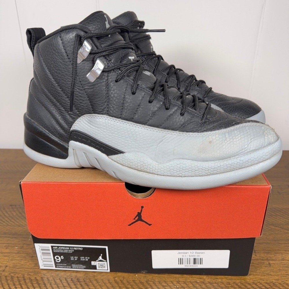 Jordan 12‎ Retro Shoes Mens 9.5 Black Gray Barons Basketball Sneakers CT8013-010